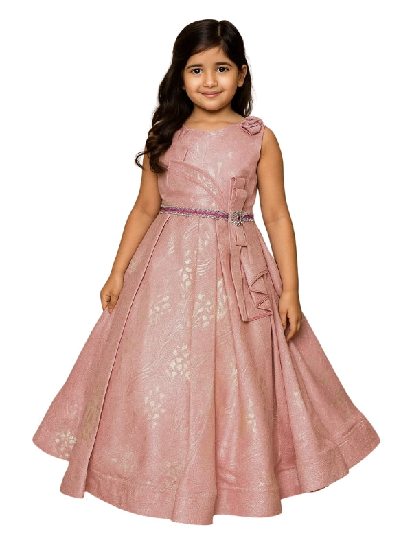 Young girl wearing a pink dress with floral patterns on a white background