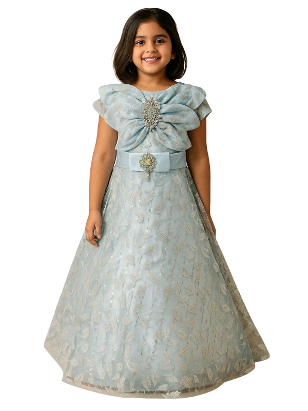 Elegant Coral Blossom Dress for Girls – Sparkling Floral Frock with Jewel Belt