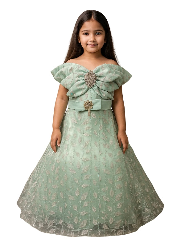 Elegant Coral Blossom Dress for Girls – Sparkling Floral Frock with Jewel Belt