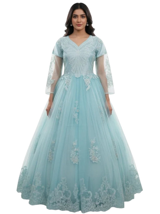 Light blue embroidered gown on a white background