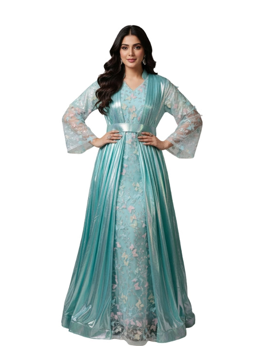 Women's 3D Rainbow Elegant Aqua Green Princess Dress - Floral Lace Sleeve Gown for women's