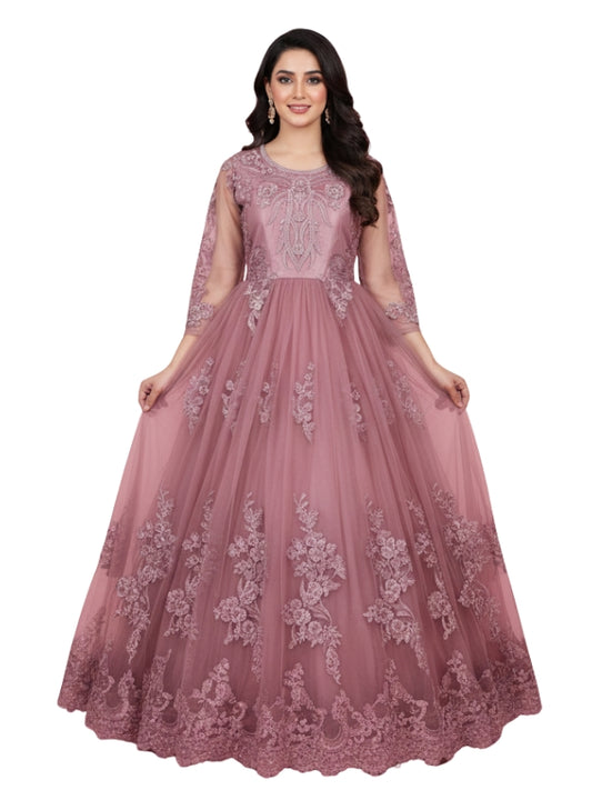Women's Elegant Turkish Style Tea Pink Embroidered Gown – Perfect for Special Occasions And Parties