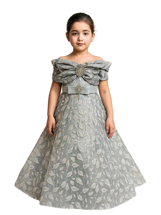 Elegant Coral Blossom Dress for Girls – Sparkling Floral Frock with Jewel Belt